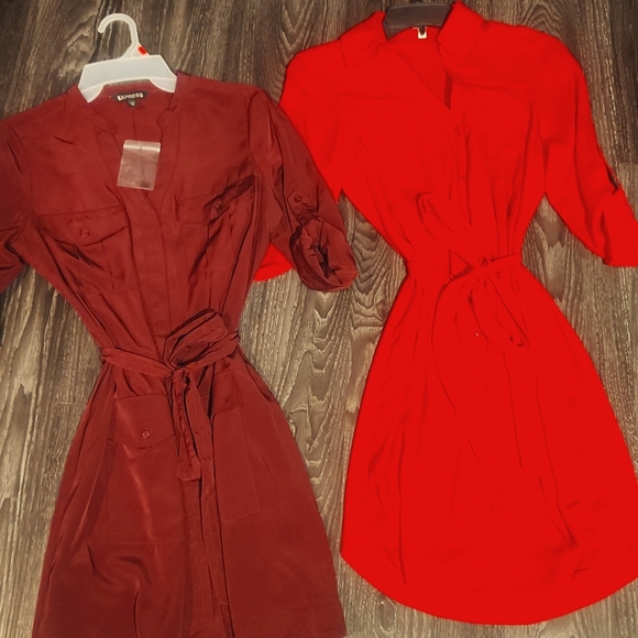 Bundle Of Two Express Shirt Dresses Red And Burgundy Xs